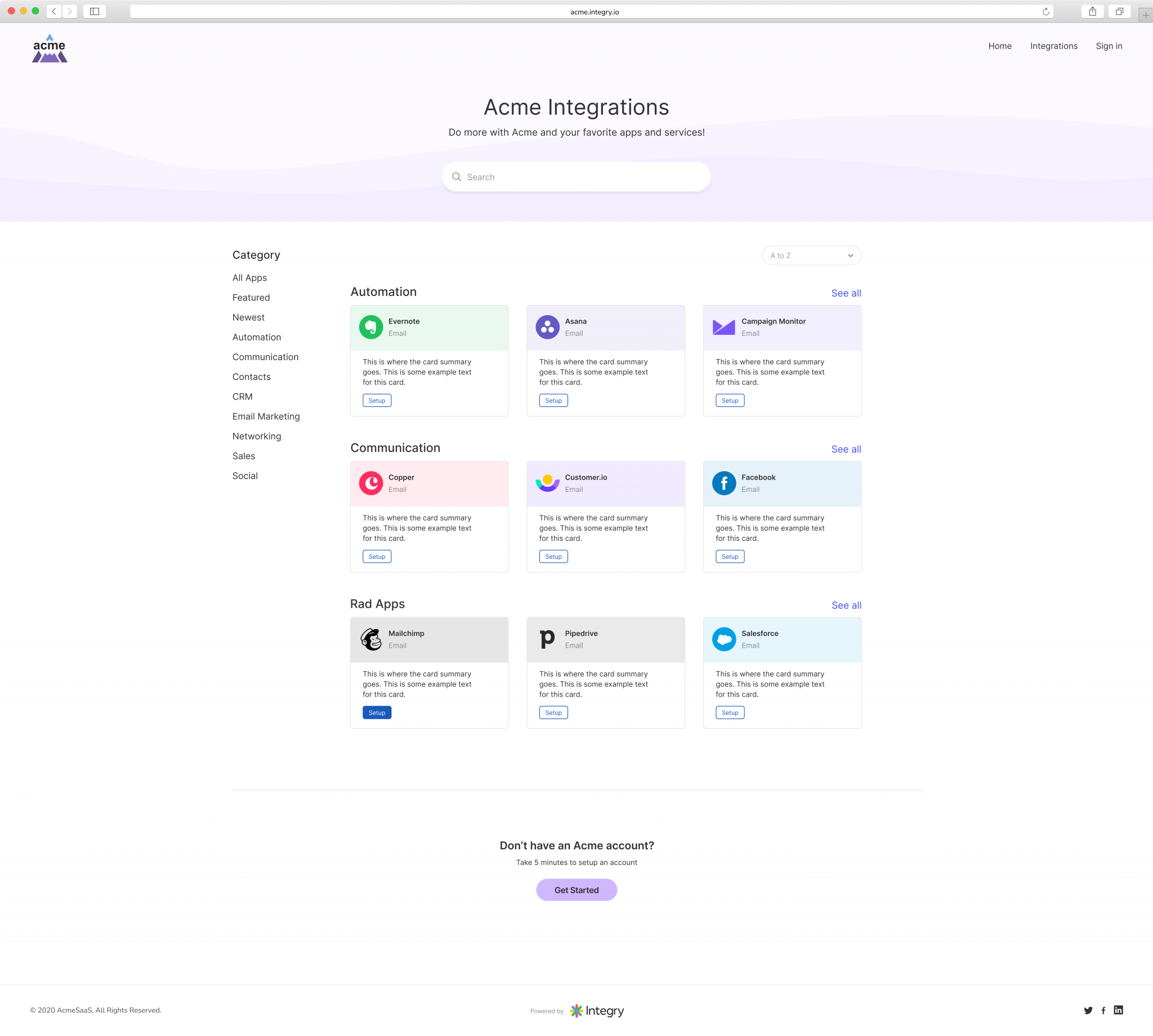 New App Directory interface showing integration cards in a grid layout