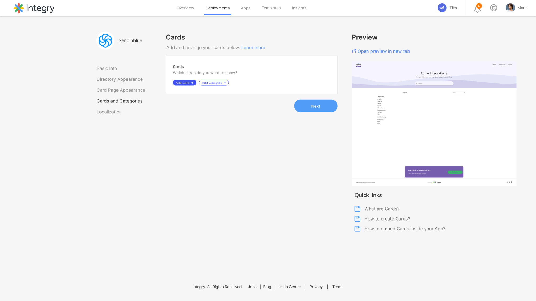 Cards and Categories management interface
