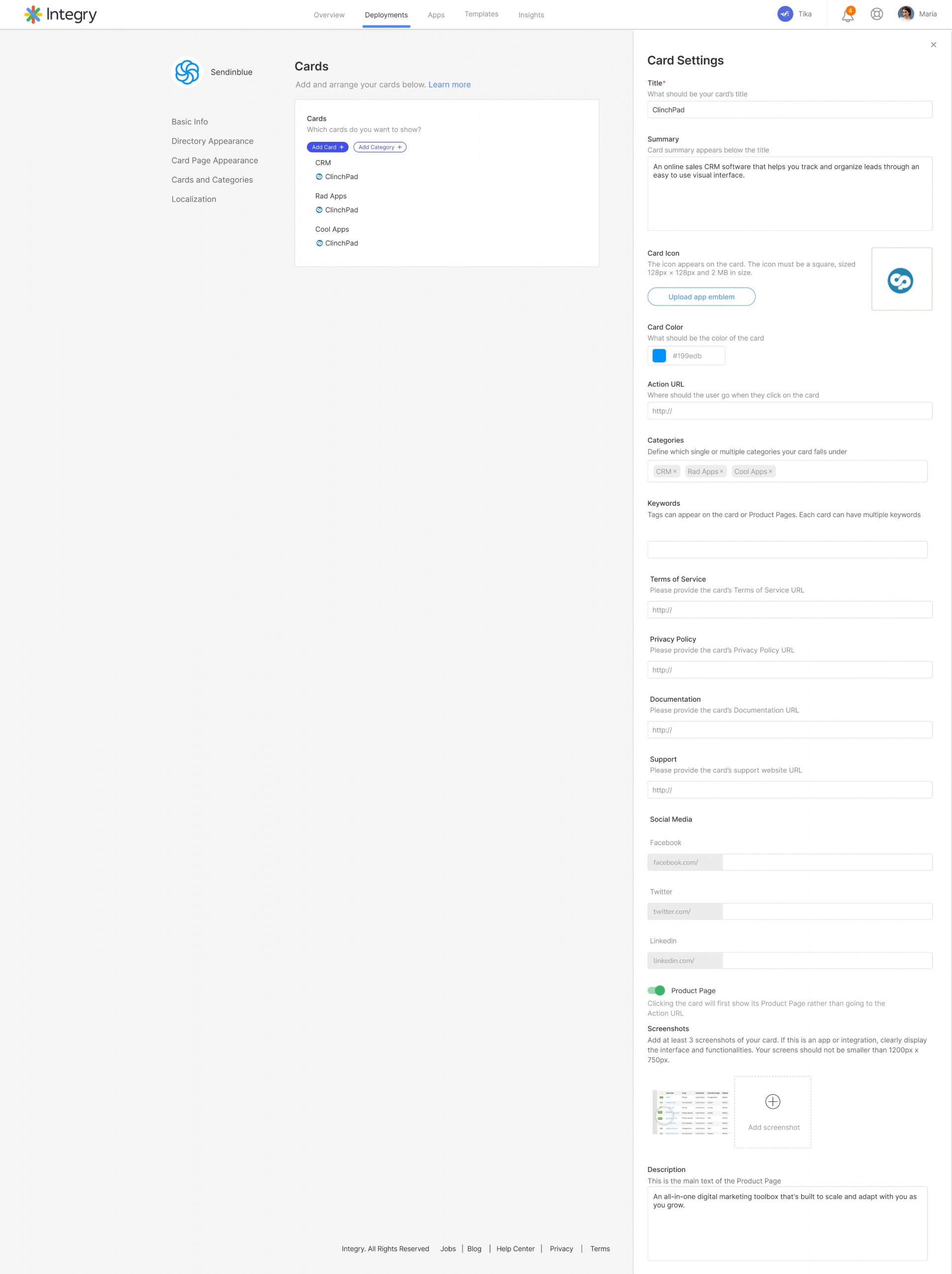 Create new card interface with settings panel