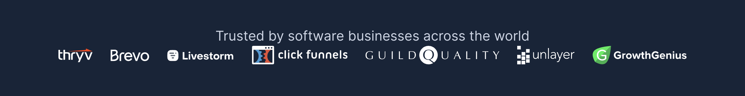 Trusted by software businesses across the world including Thryv, Brevo, Livestorm, ClickFunnels, GuildQuality, Unlayer, and GrowthGenius