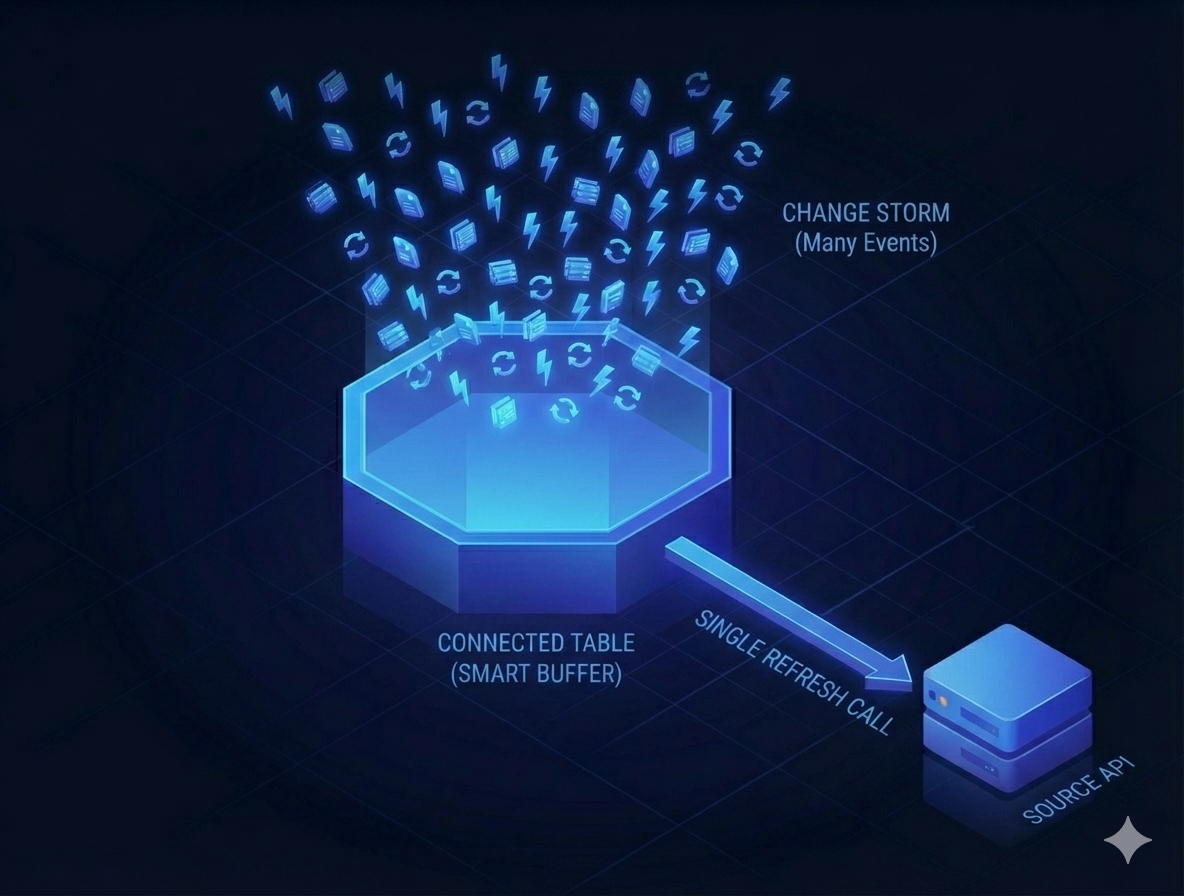 Change storm with many events being compacted into a single refresh call through Connected Table smart buffer