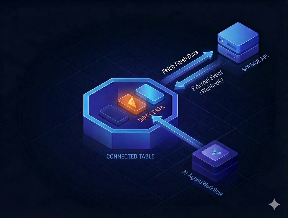 Connected Table solution showing dirty data detection, external webhook events, lazy fetch, and AI Agent/Workflow integration