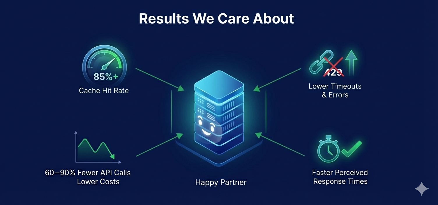 Results We Care About: 85%+ Cache Hit Rate, 60-90% Fewer API Calls, 42% Lower Timeouts & Errors, Faster Perceived Response Times